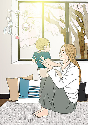 PSD 나무 여자 쿠션 일러스트 창문 엄마 집안 함께함 실내 성인 두명 화목 다정 카펫 자녀 아기 모빌 놀기 아트툰 국내일러스트 식물 컨셉 가족 모션 사람 내부 아기용품 그림 파일형식