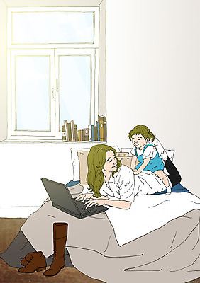 PSD 여자 어린이 엎드리기 일러스트 창문 엄마 부츠 실내 성인 책 노트북 방 자녀 침대 아기 아트툰 국내일러스트 가구 신발 가족 모션 사람 내부 전자제품 그림 파일형식