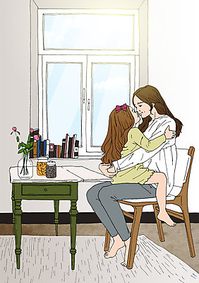 PSD 여자 꽃 어린이 의자 일러스트 창문 엄마 키스 함께함 실내 성인 두명 책 꽃병 화목 다정 방 자녀 책상 아트툰 국내일러스트 식물 가구 컨셉 가족 사람 내부 애정표현 그림 파일형식