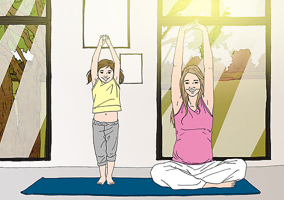 PSD 여자 어린이 액자 일러스트 창문 엄마 함께함 실내 성인 두명 스트레칭 화목 다정 임산부 매트 자녀 임산부요가 아트툰 국내일러스트 컨셉 요가 가족 사람 내부 운동 임신 그림 파일형식