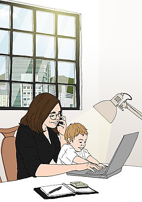 PSD 여자 일러스트 창문 엄마 함께함 실내 성인 두명 노트북 사무실 펜 다이어리 화목 다정 자녀 아기 통화 아트툰 국내일러스트 컨셉 비즈니스 가족 모션 사람 내부 전자제품 필기구 사무용품 그림 파일형식