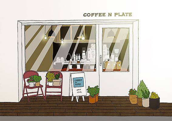 PSD 화분 의자 일러스트 창문 사람없음 문 상점 카페 아트툰 국내일러스트 가구 그림 파일형식