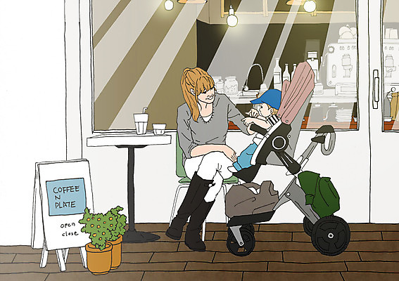 PSD 여자 화분 일러스트 창문 탁자 엄마 함께함 성인 두명 화목 다정 카페 자녀 아기 커피잔 유모차 야외테라스 아트툰 국내일러스트 커피 가구 컨셉 가족 잔 사람 상점 아기용품 발코니 그림 파일형식