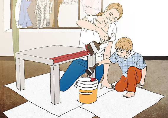 PSD 옷 여자 남자 어린이 일러스트 창문 탁자 엄마 함께함 실내 성인 두명 화목 다정 자녀 페인트칠 페인트통 페인트붓 아트툰 국내일러스트 가구 컨셉 가족 페인팅 통 사람 내부 페인트 붓 그림 파일형식