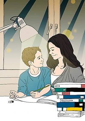 PSD 여자 남자 어린이 일러스트 창문 엄마 함께함 성인 두명 책 연필 화목 다정 자녀 스탠드 지우개 아트툰 국내일러스트 컨셉 가족 학용품 조명 사람 필기구 그림 파일형식