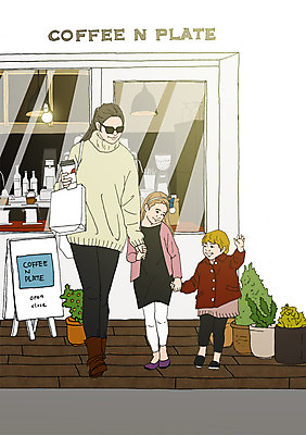 PSD 여자 화분 어린이 일러스트 엄마 함께함 성인 야외 세명 선글라스 쇼핑백 손잡기 화목 다정 카페 자녀 종이컵 아트툰 국내일러스트 안경 컨셉 가방 가족 모션 사람 컵 상점 일회용 그림 파일형식