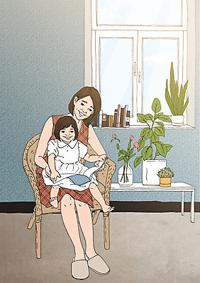 PSD 여자 화분 어린이 의자 일러스트 창문 탁자 엄마 함께함 실내 성인 두명 책 독서 화목 다정 자녀 아기 아트툰 국내일러스트 가구 컨셉 가족 사람 내부 그림 파일형식