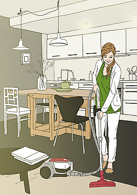 PSD 여자 여유 가사 의자 일러스트 식탁 탁자 엄마 조명 한명 성인 주방 청소 조리대 열정 청소기 아트툰 국내일러스트 1 감정 가구 가족 사람 전자제품 청소도구 그림 파일형식