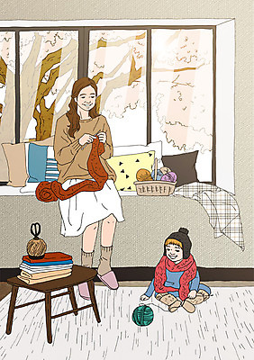 PSD 나무 여자 쿠션 거실 일러스트 창문 탁자 엄마 함께함 털모자 실내 성인 두명 책 목도리 화목 다정 자녀 아기 털실 아트툰 국내일러스트 식물 모자_잡화 잡화 가구 컨셉 가족 사람 내부 실 그림 파일형식