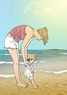 주간 PSD 모자 여자 바다 일러스트 엄마 함께함 성인 해변 야외 두명 모래사장 화목 다정 자녀 아기 놀기 아트툰 국내일러스트 자연요소 잡화 컨셉 가족 모션 사람 그림 파일형식