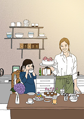 PSD 그릇 여자 어린이 일러스트 식탁 엄마 티타임 디저트 선반 함께함 성인 두명 꽃병 화목 다정 머그컵 자녀 커피잔 컵케이크 조리대 마카롱 케익칼 아트툰 국내일러스트 식기 꽃 커피 음식 가구 컨셉 가족 탁자 휴식 잔 사람 컵 케이크 칼 그림 파일형식