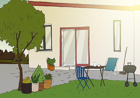 주간 PSD 나무 화분 의자 일러스트 탁자 주택 사람없음 야외 정원 바베큐그릴 아트툰 국내일러스트 자연요소 식물 가구 건물 그릴 바비큐 그림 파일형식