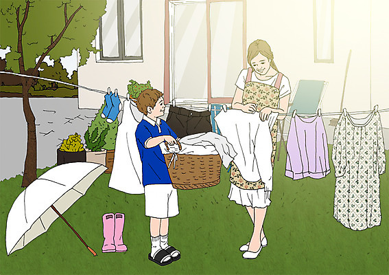 PSD 나무 여자 남자 화분 어린이 일러스트 우산 엄마 주택 함께함 장화 성인 두명 정원 화목 다정 자녀 빨랫줄 빨래널기 아트툰 국내일러스트 식물 줄 신발 컨셉 가족 사람 건물 빨래 그림 파일형식