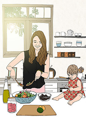 PSD 그릇 여자 음식 일러스트 창문 엄마 선반 도마 함께함 성인 두명 주방 숟가락 화목 다정 샐러드 자녀 아기 조리대 음식준비 아트툰 국내일러스트 식기 가구 컨셉 가족 주방용품 수저 사람 준비 그림 파일형식