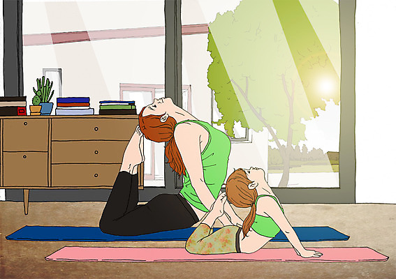 PSD 나무 여자 화분 어린이 일러스트 요가 창문 엄마 함께함 실내 성인 두명 책 화목 다정 요가자세 매트 자녀 서랍장 요가복 아트툰 국내일러스트 식물 웰빙 포즈 가구 컨셉 가족 사람 내부 운동복 그림 파일형식