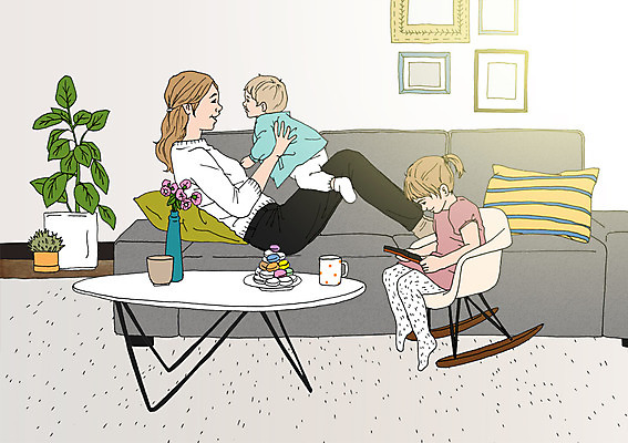 PSD 여자 화분 어린이 액자 쿠션 거실 의자 일러스트 탁자 엄마 함께함 실내 성인 세명 소파 꽃병 화목 다정 머그컵 자녀 아기 마카롱 놀기 아트툰 국내일러스트 꽃 가구 컨셉 가족 모션 디저트 사람 내부 컵 그림 파일형식