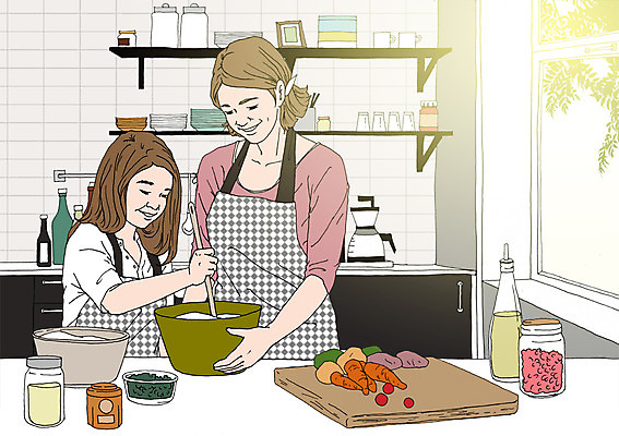 PSD 여자 어린이 채소 일러스트 창문 엄마 선반 도마 요리 성인 주방 앞치마 자녀 싱크대 요리중 아트툰 국내일러스트 가구 가족 모션 주방용품 사람 개수대 그림 파일형식