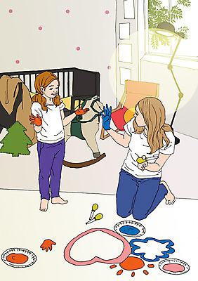 PSD 여자 어린이 의자 일러스트 창문 놀이 엄마 함께함 실내 성인 두명 화목 다정 방 자녀 스탠드 목마 물감놀이 아기침대 아트툰 국내일러스트 가구 컨셉 가족 조명 사람 내부 아기용품 침대 색칠 그림 파일형식