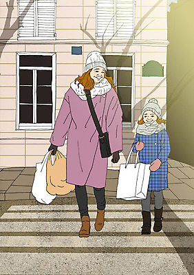 주간 PSD 여자 어린이 일러스트 엄마 함께함 털모자 성인 야외 두명 건물 쇼핑백 화목 다정 자녀 횡단보도 스쿨존 아트툰 국내일러스트 자연요소 모자_잡화 건축물 컨셉 가방 가족 사람 보행로 그림 파일형식