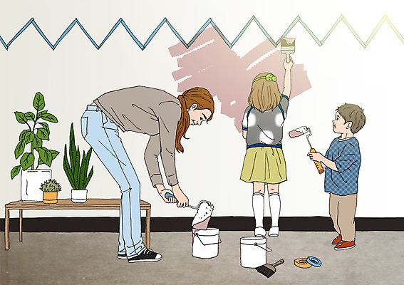 PSD 여자 화분 어린이 일러스트 탁자 엄마 함께함 실내 성인 세명 화목 다정 자녀 페인트칠 페인트통 페인트붓 아트툰 국내일러스트 가구 컨셉 가족 페인팅 통 사람 내부 페인트 붓 그림 파일형식