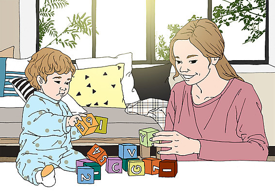 PSD 여자 쿠션 일러스트 창문 엄마 나뭇잎 함께함 실내 성인 두명 소파 화목 다정 블록 자녀 아기 놀기 아트툰 국내일러스트 컨셉 잎 의자 가족 모션 사람 내부 그림 파일형식