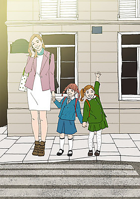 주간 PSD 여자 어린이 일러스트 엄마 함께함 성인 야외 건물 세명 화목 다정 자녀 횡단보도 등교 통화 워킹맘 스쿨존 아트툰 국내일러스트 자연요소 건축물 컨셉 가족 모션 사람 비즈니스우먼 보행로 그림 등하교 파일형식