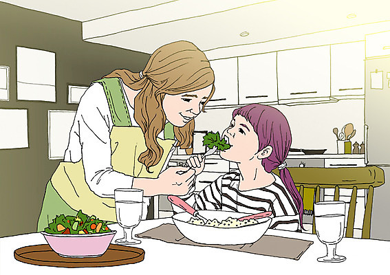 PSD 여자 어린이 음식 채소 의자 일러스트 식탁 엄마 함께함 실내 성인 두명 주방 앞치마 화목 다정 샐러드 자녀 먹기 물컵 아트툰 국내일러스트 가구 컨셉 가족 모션 탁자 사람 내부 컵 그림 파일형식