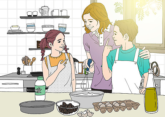 PSD 그릇 여자 어린이 일러스트 창문 엄마 주방용품 선반 함께함 실내 성인 세명 주방 계란 앞치마 화목 다정 자녀 조리대 제빵 요리중 아트툰 국내일러스트 식기 가구 생활용품 컨셉 가족 모션 사람 내부 제과제빵 알 그림 파일형식