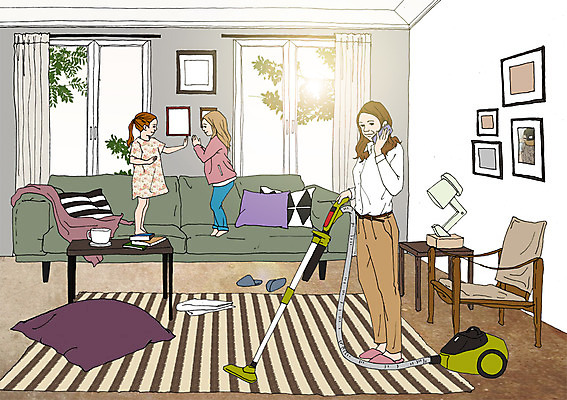 PSD 여자 어린이 액자 쿠션 가사 의자 일러스트 창문 탁자 엄마 나뭇잎 슬리퍼 함께함 성인 세명 소파 화목 다정 카펫 자녀 커튼 청소 통화 청소기 놀기 아트툰 국내일러스트 가구 신발 컨셉 잎 가족 모션 사람 전자제품 청소도구 그림 파일형식