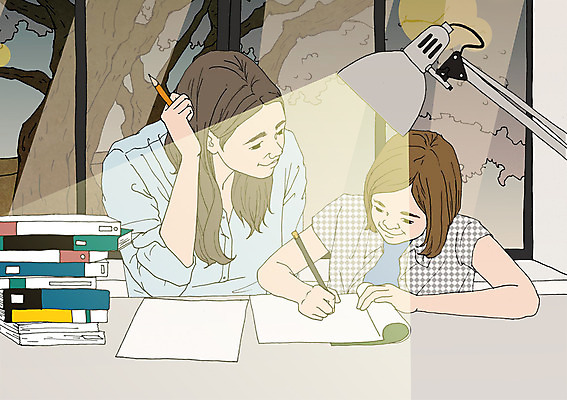 PSD 나무 여자 어린이 일러스트 창문 엄마 함께함 실내 성인 두명 책 연필 화목 다정 자녀 스탠드 책상 아트툰 국내일러스트 식물 가구 컨셉 가족 학용품 조명 사람 내부 필기구 그림 파일형식