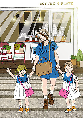 PSD 여자 화분 어린이 의자 가방 일러스트 엄마 함께함 성인 세명 상점 화목 다정 자녀 횡단보도 쌍둥이 외출 스쿨존 아트툰 국내일러스트 잡화 가구 컨셉 가족 사람 보행로 그림 파일형식