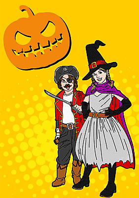 PSD 여자 기념일 남자 어린이 일러스트 이벤트 두명 분장 할로윈 칼 팝아트 마녀모자 마녀복장 잭오랜턴 후크선장 국내일러스트 모자_잡화 사람 그림 이벤트의상 선장 파일형식