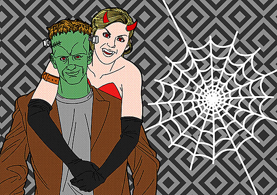 PSD 커플 여자 기념일 남자 일러스트 이벤트 성인 두명 분장 할로윈 거미줄 팝아트 백허그 몬스터 악마분장 프랑켄슈타인 국내일러스트 관계 포옹 사람 그림 파일형식