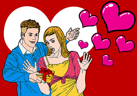 PSD 커플 여자 기념일 남자 일러스트 사랑 이벤트 성인 두명 선물상자 놀람 하트 팝아트 국내일러스트 모양 감정 관계 표정 선물 사람 상자 그림 파일형식