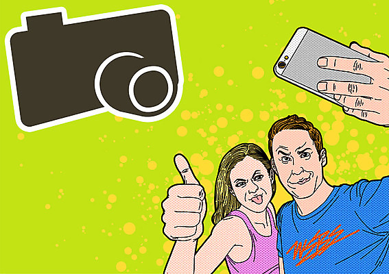 PSD 커플 여자 기념일 남자 일러스트 이벤트 성인 두명 스마트폰 카메라 엄지손가락 셀프카메라 팝아트 메롱 엽기 포토데이 국내일러스트 손가락 관계 모션 데이이벤트 사람 전자제품 핸드폰 스마트기기 사진촬영 그림 파일형식