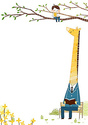 PSD 남자 어린이 벤치 일러스트 한명 책 독서 봄 나뭇가지 개나리 기린 국내일러스트 나무 1 계절 꽃 의자 포유류 사람 파일형식