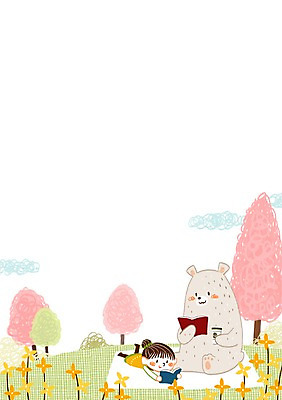 PSD 나무 구름 여자 어린이 일러스트 곰 한명 책 독서 소풍 봄 개나리 돗자리 국내일러스트 자연요소 식물 동물 1 계절 꽃 포유류 사람 야외활동 파일형식