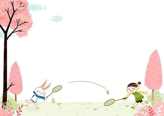 PSD 나무 구름 여자 어린이 일러스트 한명 봄 토끼 배드민턴라켓 셔틀콕 배드민턴 국내일러스트 자연요소 식물 1 계절 스포츠용품 포유류 사람 반려동물 구기 라켓 파일형식