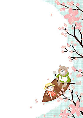PSD 여자 호수 어린이 일러스트 곰 한명 봄 벚꽃 노 봄소풍 선박 국내일러스트 동물 1 계절 꽃 수상교통 포유류 사람 소풍 파일형식