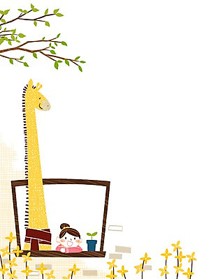 PSD 여자 화분 어린이 일러스트 창문 한명 봄 나뭇가지 개나리 국내일러스트 나무 1 계절 꽃 사람 파일형식