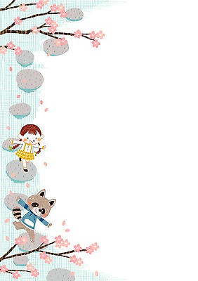 PSD 여자 어린이 일러스트 한명 봄 벚꽃 벚나무 너구리 징검다리 국내일러스트 나무 1 계절 꽃 포유류 사람 다리_건축물 파일형식