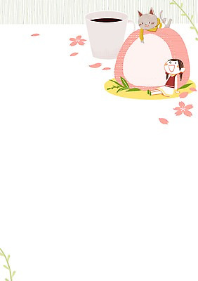 PSD 여자 커피 어린이 일러스트 디저트 한명 고양이 봄 벚꽃 커피잔 모찌 국내일러스트 1 계절 꽃 음료 음식 포유류 잔 사람 반려동물 파일형식