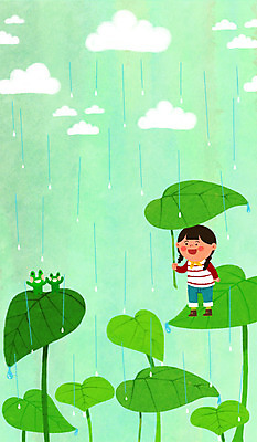 PSD 구름 여자 어린이 일러스트 나뭇잎 개구리 한명 봄 봄비 비 나뭇잎우산 국내일러스트 자연요소 1 계절 잎 우산 날씨 양서류 사람 비_날씨 파일형식