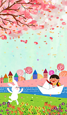 PSD 나무 여자 꽃 어린이 일러스트 주택 한명 강 마을 봄 토끼 벚나무 종이배 봄소풍 국내일러스트 식물 1 계절 포유류 사람 건물 반려동물 소풍 벚꽃 종이접기 파일형식