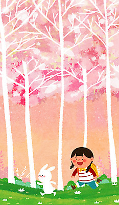 PSD 나무 여자 꽃 어린이 일러스트 한명 소풍 봄 토끼 벚나무 숲 국내일러스트 식물 1 계절 포유류 사람 반려동물 야외활동 벚꽃 파일형식