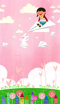 PSD 나무 구름 여자 어린이 일러스트 주택 한명 새싹 마을 봄 비행 토끼 종이비행기 국내일러스트 자연요소 식물 1 계절 포유류 사람 건물 반려동물 종이접기 파일형식