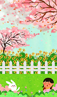 PSD 여자 꽃 어린이 나비 꽃밭 일러스트 한명 울타리 봄 토끼 벚나무 국내일러스트 나무 식물 1 계절 곤충 포유류 사람 담장 반려동물 벚꽃 파일형식