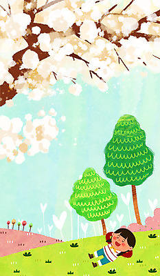 PSD 나무 여자 어린이 일러스트 한명 눕기 봄 하트 목련 목련나무 국내일러스트 모양 식물 1 계절 꽃 모션 사람 파일형식