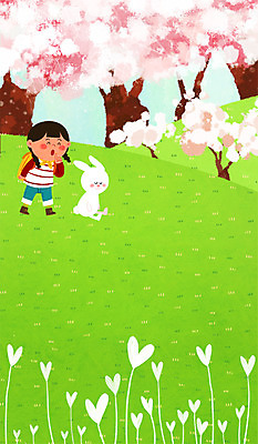 PSD 여자 꽃 어린이 일러스트 한명 봄 하트 토끼 벚나무 동산 국내일러스트 모양 나무 식물 1 계절 포유류 사람 반려동물 벚꽃 파일형식