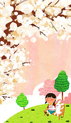 PSD 나무 여자 꽃 어린이 벤치 일러스트 한명 봄 토끼 목련 목련나무 국내일러스트 식물 1 계절 의자 포유류 사람 반려동물 파일형식